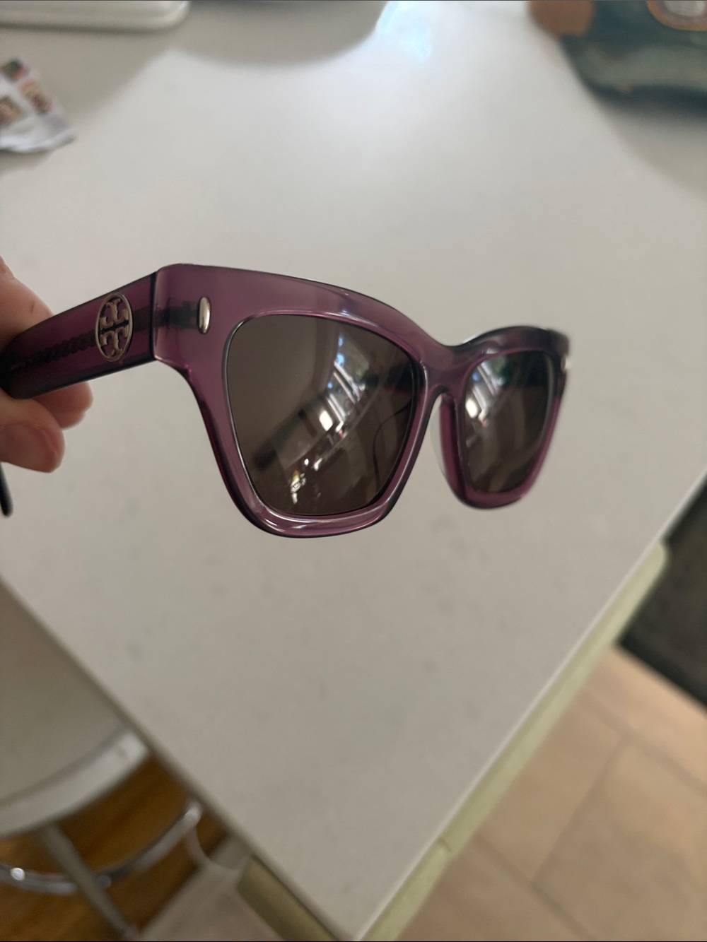 Tory Burch Translucent Purple Square Sunglasses with Logo Temples